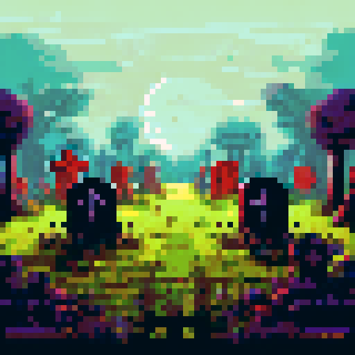 grass tile, graveyard background, top down view, pixelated tombstones, eerie moonlight, skeletal trees, misty atmosphere, gravestone engravings, cracked earth, withered flowers, decaying leaves, shadowy figures, flickering lanterns, moss-covered tombstones