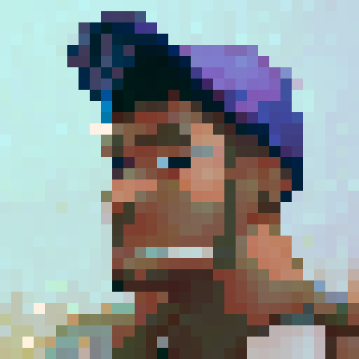 "64x64 pixel art portrait of a cute guy with puffy cheeks, staring intently to the left with a determined expression, rendered in skillful sRGB color palette reminiscent of a game icon."