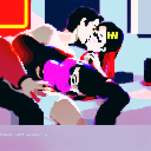 Two figures, entwined and lost in passion, their bodies illuminated by a neon glow that highlights every contour and curve, rendered in a pixel art style that captures every intricate detail of their anatomy and the raw, unbridled energy of their lovemaking, their faces flushed with pleasure and their eyes locked in an intimate gaze that speaks of deep connection and mutual desire