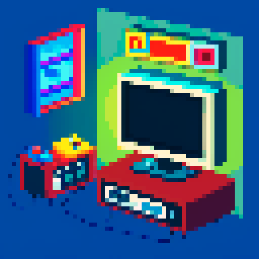subject is Retro game console, controller plugged into old tv, TV shows image of a cabin on screen, in a cozy room
