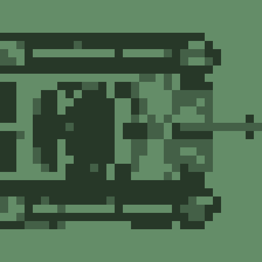 top-down view, pixel art, tank, large turret, noticeable treads, camouflage color scheme, greens and grays, blocky design, retro style, detailed armor plating, barrel