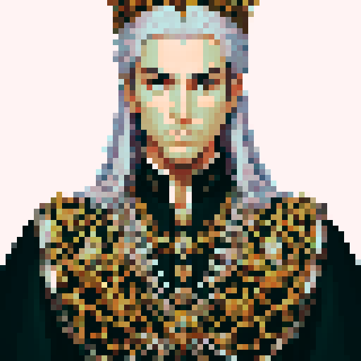 prince, regal, metall crown, black crown, majestic, stoic expression, sharp features, silver accents, silver royal robe, intricate embroidery, game icon, 32x32 pixel art, sRGB, skill art, close up, portrait, golden hairs, detailed