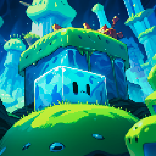 Blue Slime cube, Gelatinous cube, wearing crown, giant Slime, boss fight