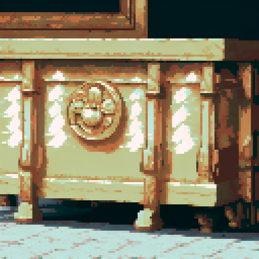 wooden chest with gold corners, gold decorations, front view, pixel art, sRGB, background, landscape, lush green grass, vibrant blue sky, towering mountains, flowing river, blooming flowers, rays of sunlight, birds flying in the distance