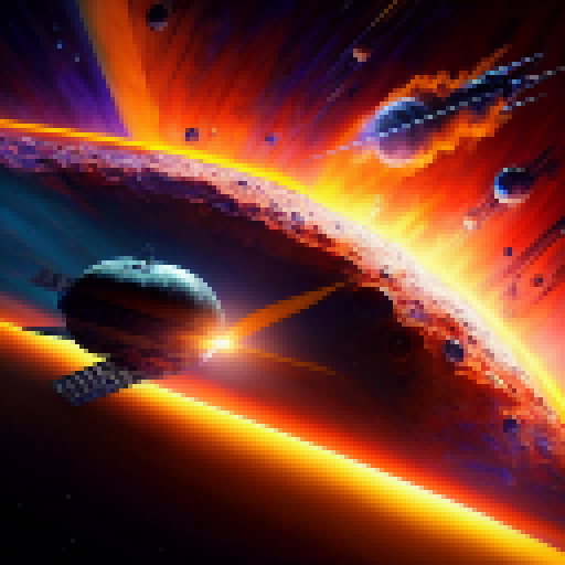 Space station orbiting a fiery sun, surrounded by a swirling asteroid belt and towering planets with vibrant colors in a fantastical RPG art style.