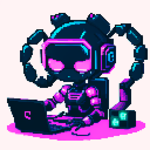 cute cyberpunk scorpion with human head, human head is from anime inspired character with short pink hair, expressive eyes, a playful smiling face, and a mouth mask, scorpion is playing computer games, tables with coca cola, scorpion's tail should be fully in the picture, yellow and cyan and light blue light
