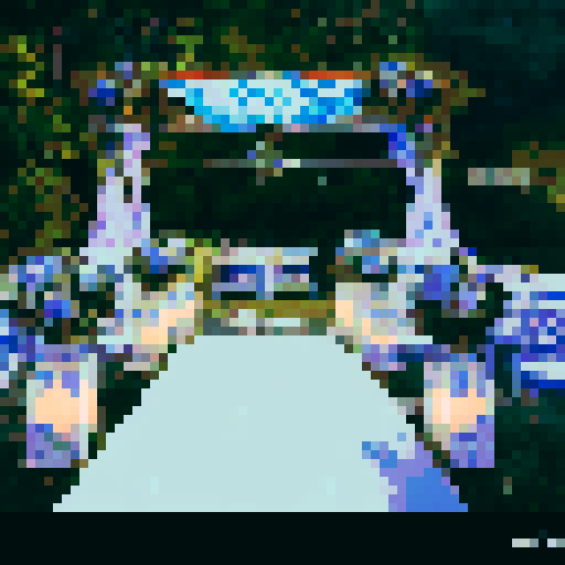 a vibrant chuppah with intricate floral patterns in shades of blue and white, surrounded by lush greenery and delicate hanging lights, against a backdrop of deep blue ocean waves fading into a midnight sky