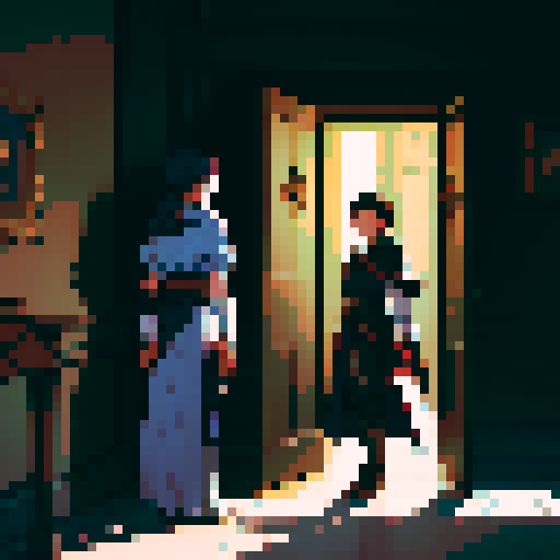 Dark fantasy library with a puzzle looking door. Two characters that are standing away from each other and our hero in the middle