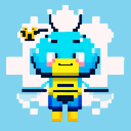 antropomorphic smiling bee, blue pants