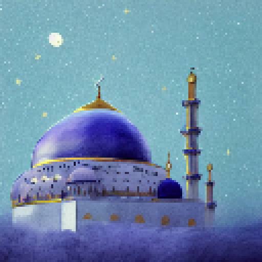 Golden domed mosque with tall minarets surrounded by fluffy, cotton candy clouds, basking in the light of a crescent moon and twinkling stars, rendered in a dreamy watercolor style.
