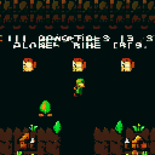 archaeologist with rugged explorer attire, wielding a trowel as big as a sword, surrounded by lush greenery, a pixelated forest, vibrant wild animals, reminiscent of NES Zelda, NES color pallete