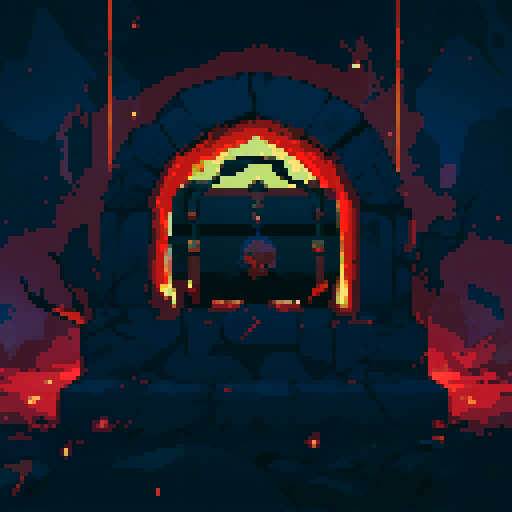 Chest with tattered clothes, eerie red glow, and bony fingers reaching out, emerging from a pixelated tomb in a hauntingly vibrant sRGB color palette
