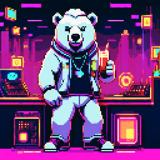 "An 8-bit pixel art of a polar bear in a vibrant nightclub, surrounded by flashing neon lights and a pulsating dance floor. The bear, wearing gold chains, sunglasses, and a snapback, holds a glowing drink in one paw while stacks of crypto coins and a tablet with trading charts sit on a VIP table nearby. The background features a DJ booth, laser lights, and a lively crowd, blending the high-energy club atmosphere with a flashy crypto mogul vibe."
