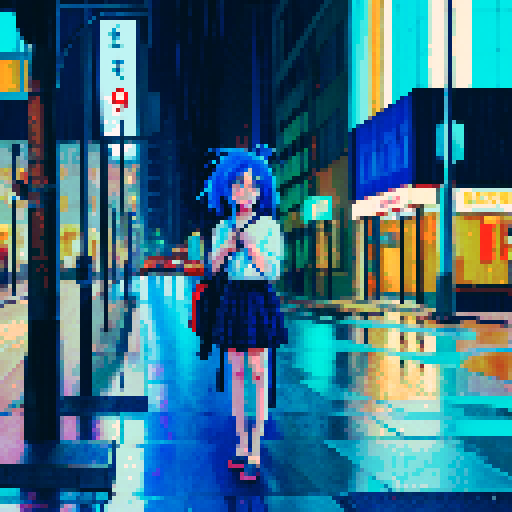 Blue haired 90s pop girl, smoking a cigarette, downtown, in the rain, gritty, nighttime