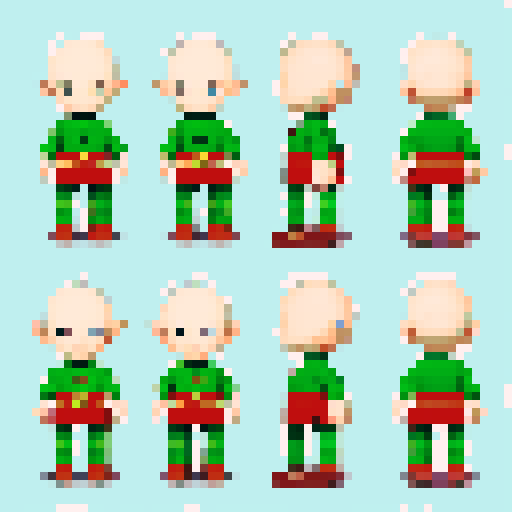 character sheet of a chibi-style elf boy with no hair or clothes, serving as a fully customizable base model. The character has short legs and simple features