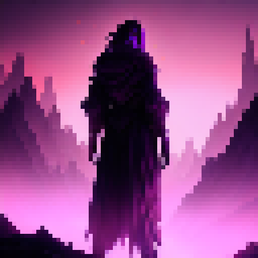 Pink mountain, purple sky, and a dark castle silhouette serve as the backdrop for a sleeping vampire, their body illuminated by neon hues in a fantastical RPG world.