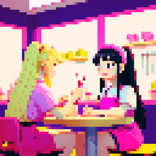 A nail tech with long blonde hair wearing a pink apron and a girl with black hair facing each other at a table in a nail salon.