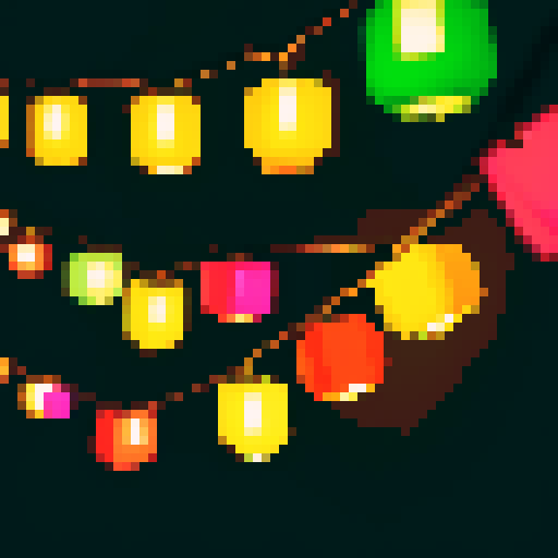 small garland, colorful lanterns, hanging, pixelated style, sRGB