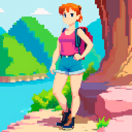 Full body image of a female character wearing tank top, unbuttoned short sleeve shirt, jean shorts, hiking boots, and backpack