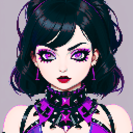 curvy, cute busty goth girl's face, whole head portrait, black hair, purple eyeshadow, red lipstick, low cut black studded leather halter top, studded collar, vibrant sRGB colors, edgy aesthetic. 