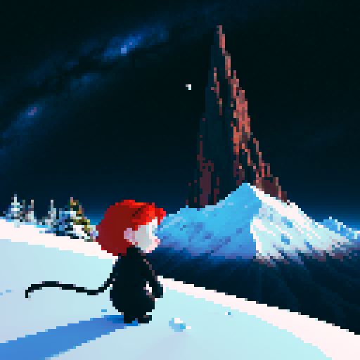 Redhead with black cat in between towering, snowy mountains in space