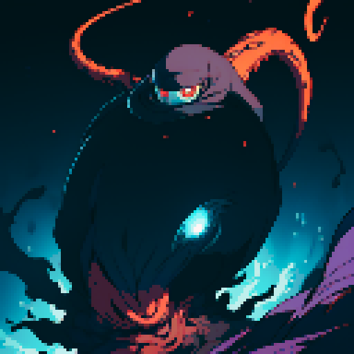 eldritch being, tentacles writhing, full body floating, brain pulsating, many eyes staring, eyeballs bulging, no humans, monsyer, sRGB pixel art