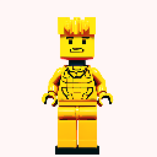 lego pixel, vibrant colors, blocky shapes, small plastic bricks, isometric perspective, retro video game, low resolution, 8-bit graphics, sharp edges, square grid, limited color palette, nostalgic feel, brick-built characters, iconic lego logo, digital recreation, detailed textures, crisp lines, simplified forms, nostalgic gaming vibes gold color body 