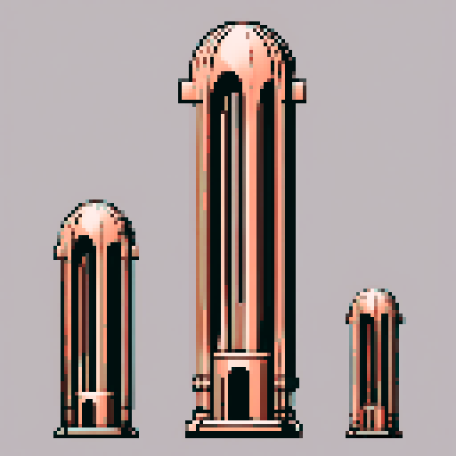 I want a tall vertical copper structure reminiscent of a organ pipe. It should have strange mechanical details that could interlock with each other. I also want this object usable an asset in a videogame, meaning only one object per image, outlined with a strong black stroke, on a solid-color background.