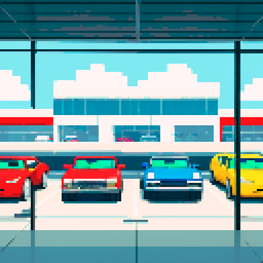 cars are behind the glass of the car dealership, many cars are in a row, a large glass