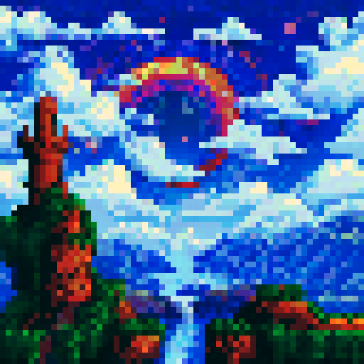 Swirling, vibrant hues blend harmoniously in an sRGB pixel art, background, landscape, depicting a mesmerizing sky