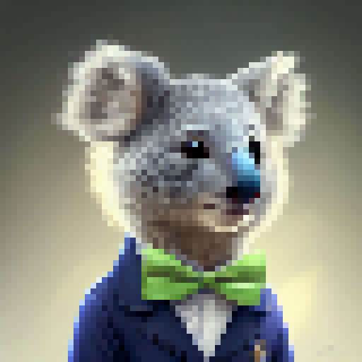 "Whimsical, cartoonish illustration of a dapper koala sporting blue spectacles and a debonair bow-tie against a pristine white backdrop, with fuzzy fur and oversized ears giving the image a charmingly quirky touch."