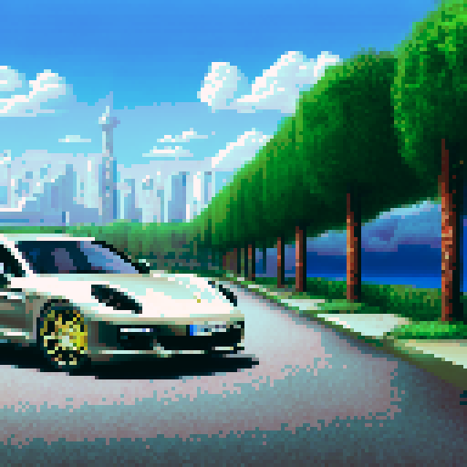 Photorealistic whole Porshe Panamera, three-quarter view, right front wheel, clean background, sRGB colors, pixel art style
