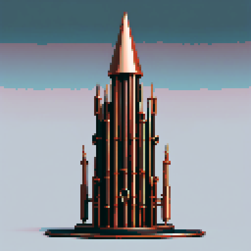 I want a tall vertical copper structure reminiscent of a organ pipe. It should have strange mechanical details that could interlock with each other. I also want this object usable an asset in a videogame, meaning only one object per image, outlined with a strong black stroke, on a solid-color background.