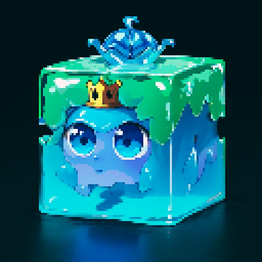 Blue Slime cube, Gelatinous cube, wearing crown, giant Slime, boss fight