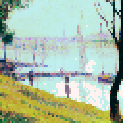 Mimic Georges Seurat’s pointillist technique by translating the details of the image into small, evenly spaced pixels with soft, blended colors. Focus on subtle, muted tones to evoke Seurat’s impressionist style, creating a calm and serene atmosphere. Ensure that the pixelated image reflects the original composition but maintains the abstract, dotted feel of pointillism, while avoiding vivid or harsh colors, opting instead for smooth, harmonious transitions between shades.