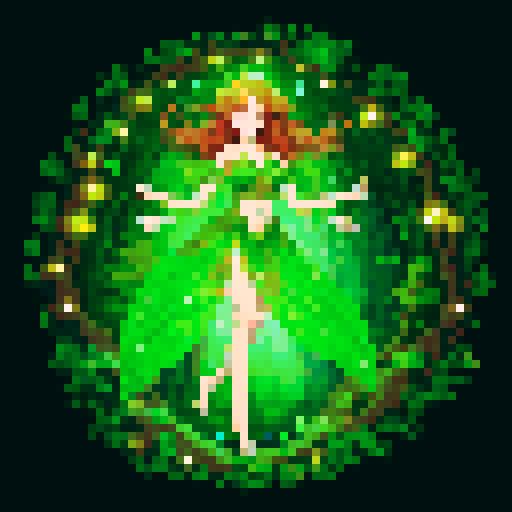 full body playful pose of a forest dryad with vibrant green foliage, shimmering ethereal glow, sparkling dewdrops on leaves, intricate bark patterns, and delicate petals floating in the air