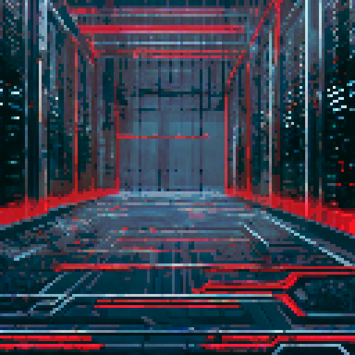 hacker, black hat, red-themed, pixel art, sRGB, server room, data center, cables, routers, switches, background, landscape