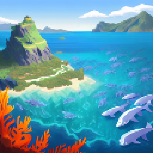 Island queen wields fiery sword, battling sea monsters as the sun beats down on her, surrounded by a school of bloodthirsty sharks.