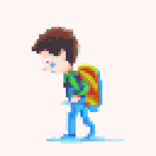 A single sprite of a young boy with a backpack on, pixel art, facing the camera, with a plain expression, on a plain background. His eyes are blue and his hair is brown. His backpack is red. He's wearing green hiking pants with brown shoes. 