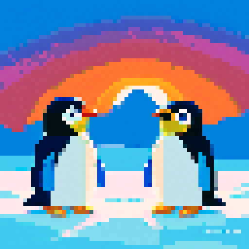 Pixel Penguins waddling on a shimmering, icy landscape, their vibrant, pixelated feathers reflecting the soft, warm hues of a setting sun