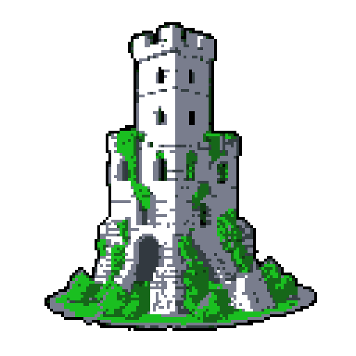 2d grey stone tower in an ancient english style. Old and crumbling but still upright. Green vines crisscross it. Usable as an asset (clear, thick lines and a white background). Put a black stroke around the composition