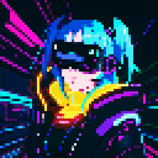 cyberpunk anime girl hacker, vibrant neon colors, futuristic cityscape backdrop, glitchy pixel art aesthetic, 16-bit animation style, glowing LED tattoos, pixelated holographic interface, electric blue hair, cybernetic augmentations, glowing cyber eyes, virtual reality headset, digital code flowing around her, futuristic cyberpunk fashion