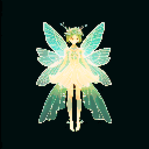 A delicate, fairy-like creature with translucent wings, a body adorned with blooming flowers, and glowing eyes. It has a serene expression and emits a soft, magical light. It moves gracefully through the air. No background.

