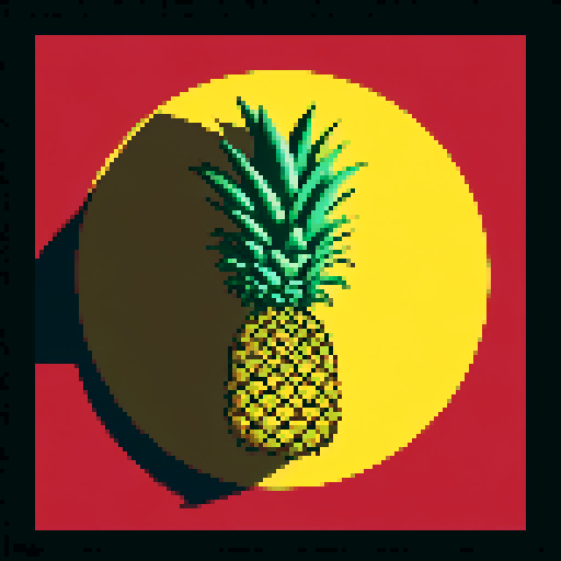 Giant Pineapple with intricate golden patterns growing halfway in the ground, no shadows in an isometric view, against a black background. Set at night, no background. Limited to 6 colours only. 
