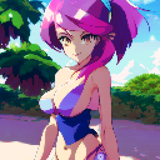 Bikini-clad beauty lounging on a tropical beach, surrounded by palm trees and crystal-clear waters, with her long, flowing hair and curvaceous figure depicted in a vibrant anime style.