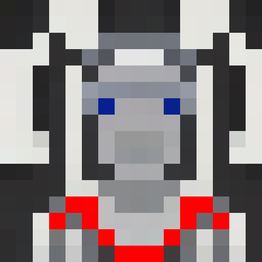 White body with red circuits and glowing blue eyes in a game icon-style 16x16 pixel art close-up portrait.