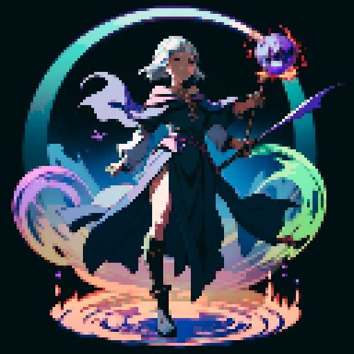 full-body image, sorceress facing right, sorceress ready to fight, evil sorceress, floating, arms out, magic circles, magic power, spell, evil sorceress, evil witch, magic symbols, ultimecia, final fantasy, sRGB, pixel art