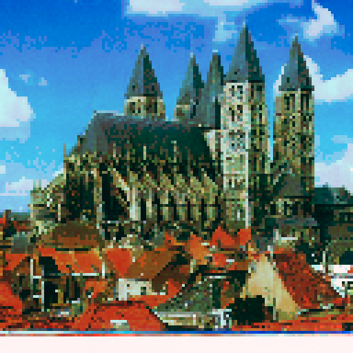 pixel art image of Tournai, Belgium. Slice of life. Populate image.