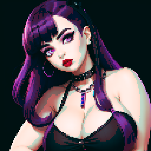 Thicc, busty goth girl, with long purple hair, eyeliner, red lipstick. wearing a halter top and spiked collar. Posing for a up close face portrait. vibrant sRGB colors, pixel art, 