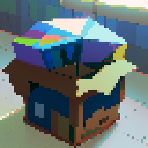 pixelated, vibrant colors, retro, low resolution, geometric shapes, isometric view, square box, cardboard material, folded corners, label with "fragile" written on it, sunlight streaming in through the cracks, shadows cast by the box, cat